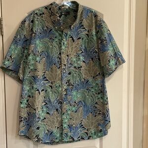 Reyn Spooner Blue and Green Leaf Print Shirt
